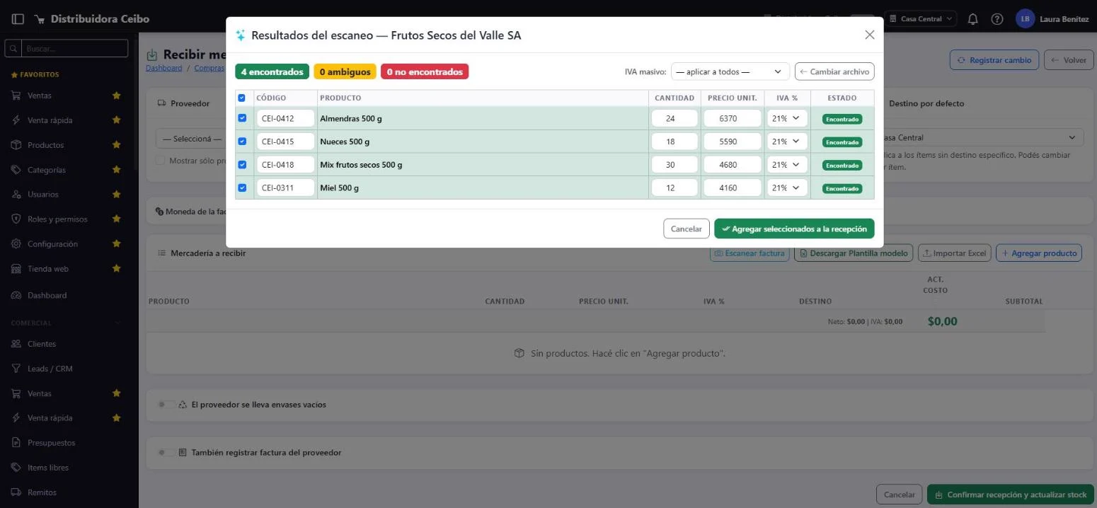 Resultados del escaneo OCR de una factura de proveedor en VentaWeb