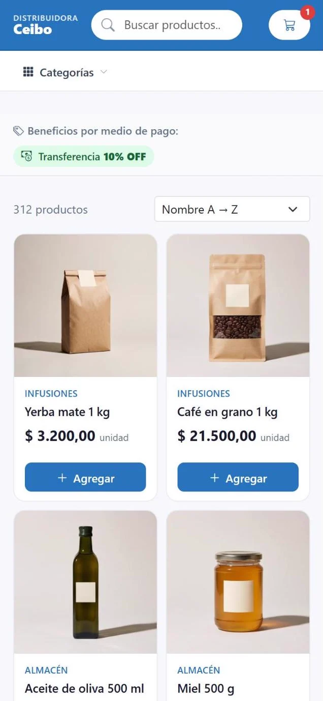 Tienda web de Distribuidora Ceibo en el celular